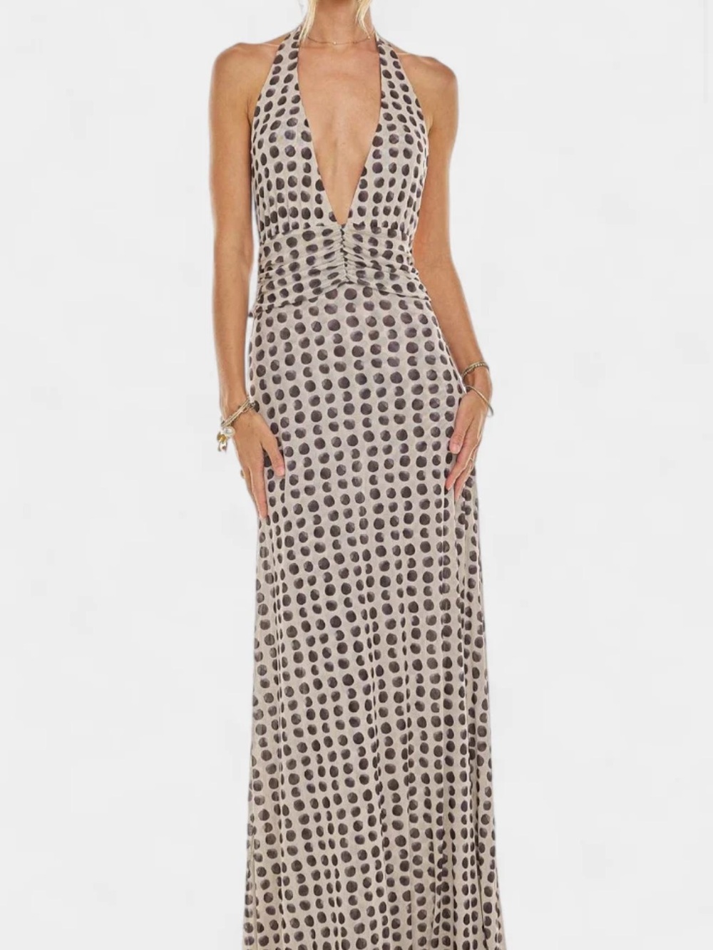 Plunge Halter Polka Dot Maxi Dress in Beige and Black